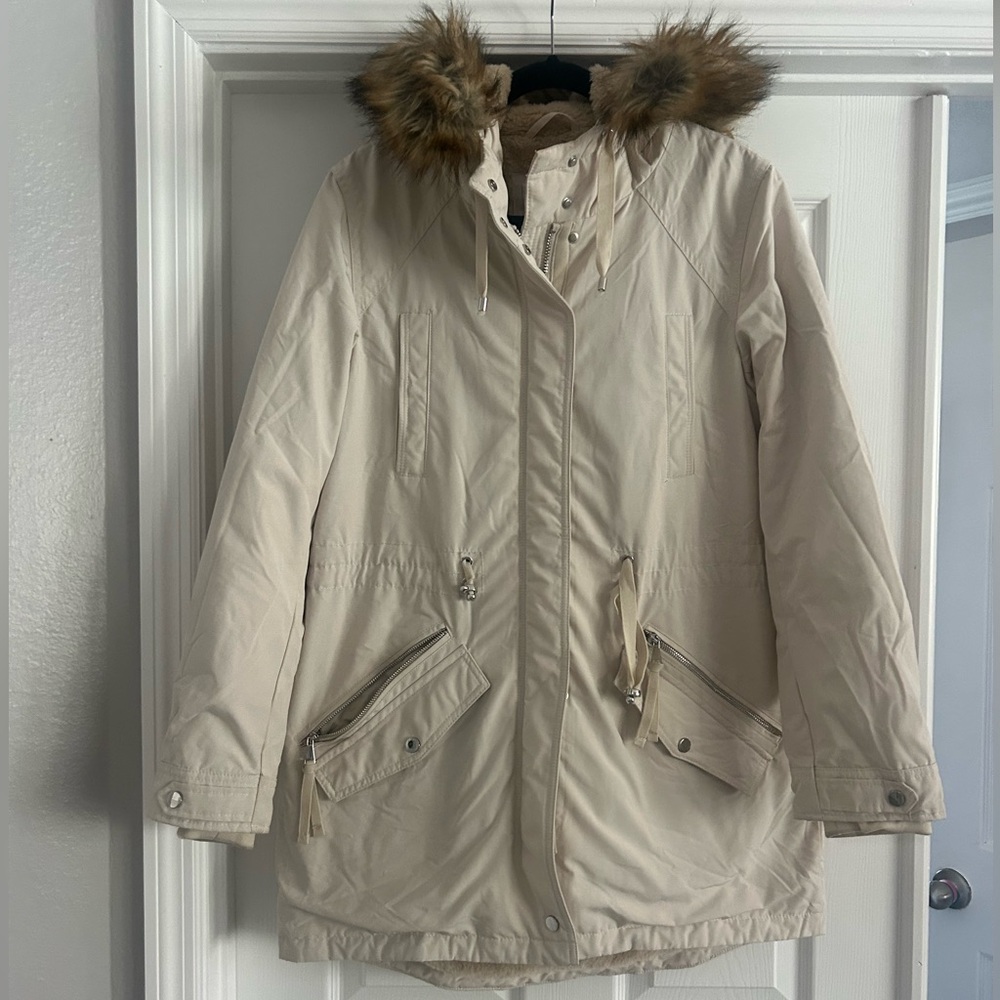NWOT ROYAL MATRIX Women's Winter Coat Fleece Lined Parka Jacket Hooded 10 Cream